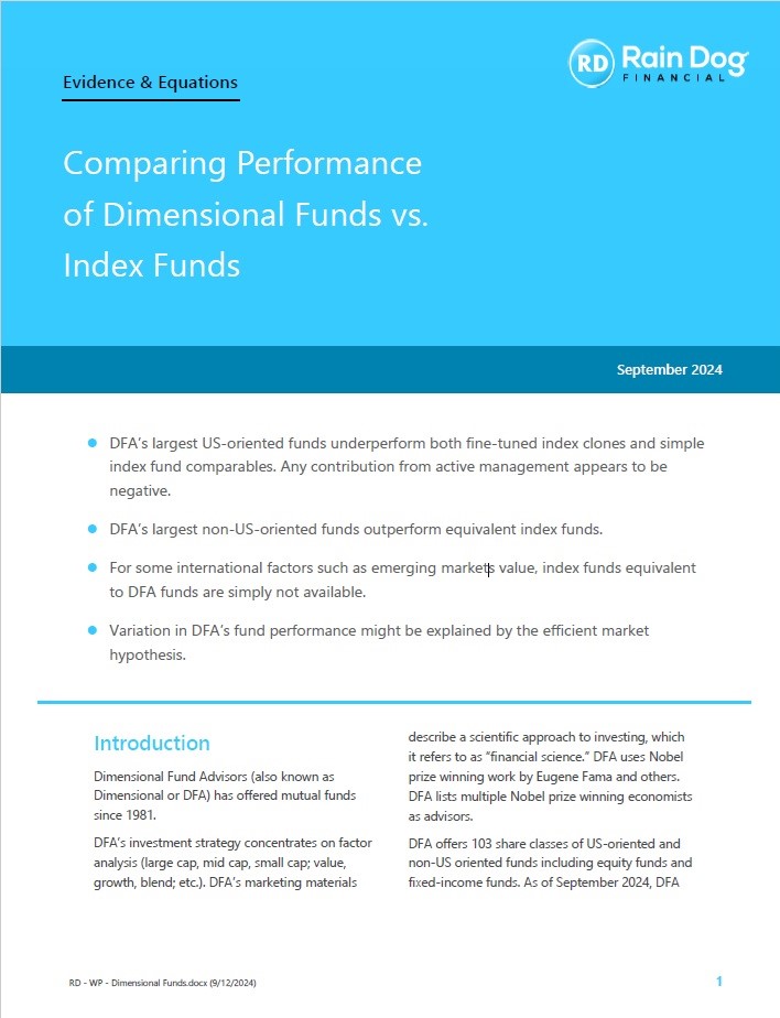 Bellevue financial advisor - Dimensional funds vs. index funds